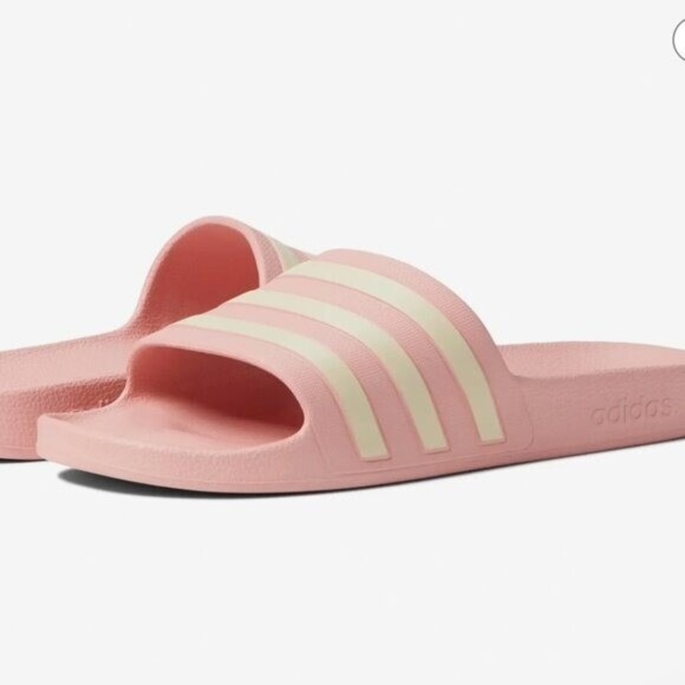 Adidas Adilette Slides Womens Pink White Striped Athletic Sandals Slip On